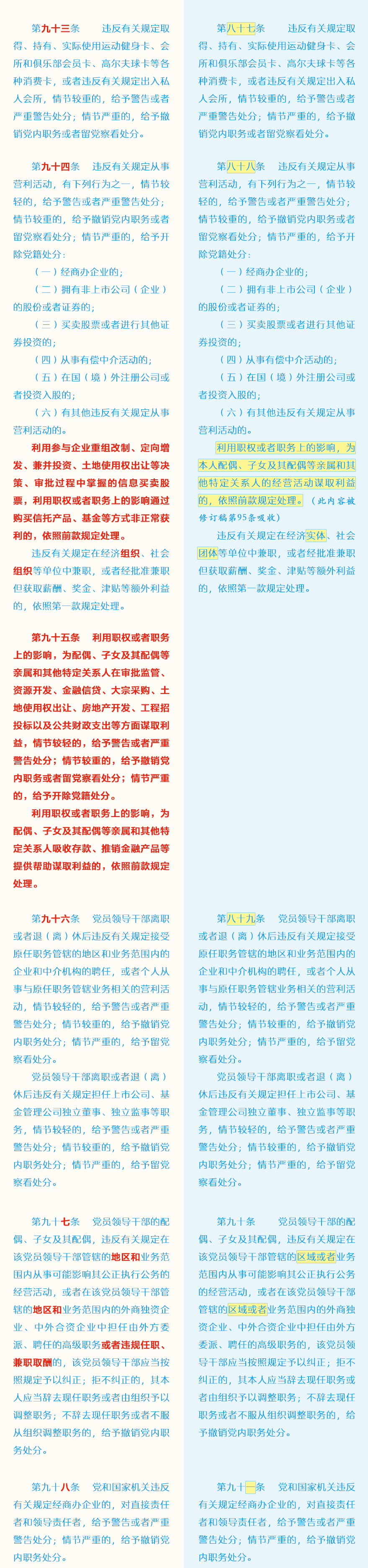 中国共产党纪律处分条例修订前后对照表
